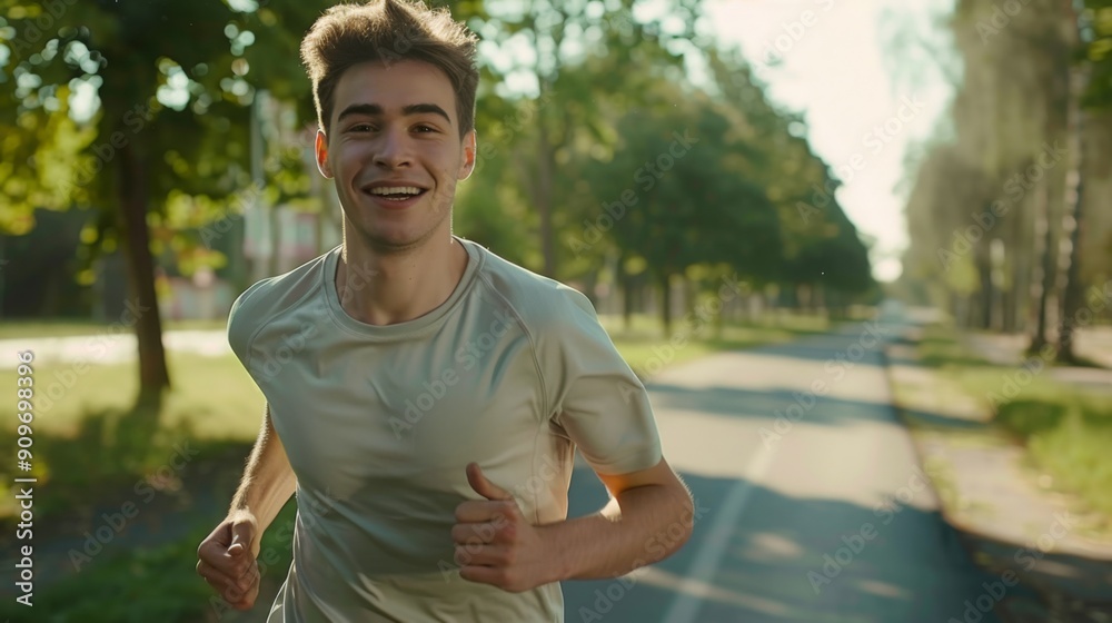 Young athletic man smiling with joy while running on a spacious park road, featuring a minimalist style with high-definition details of nature's beauty. Young athletic man smiling with joy while running on a spacious park road, featuring a minimalist style with high-definition details of nature's beauty.