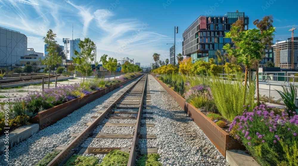 Fototapeta premium Rail yards in urban areas incorporate noise mitigation measures and community engagement initiatives