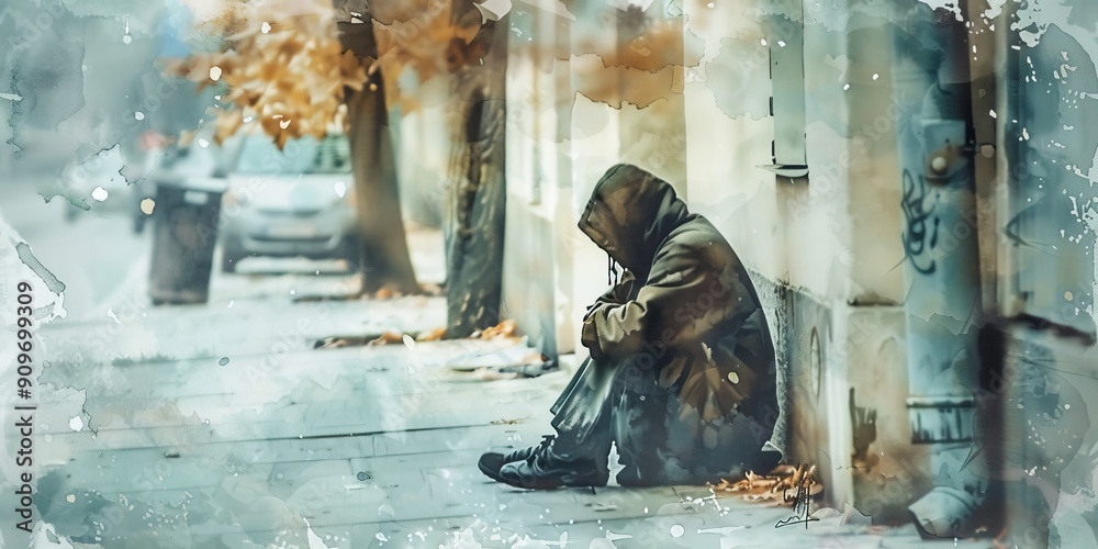 Homeless Person in Artistic Street Setting Homeless Person in Artistic Street Setting