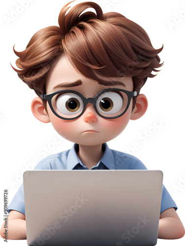 Young male office worker looking at laptop 3D illustration icon photo