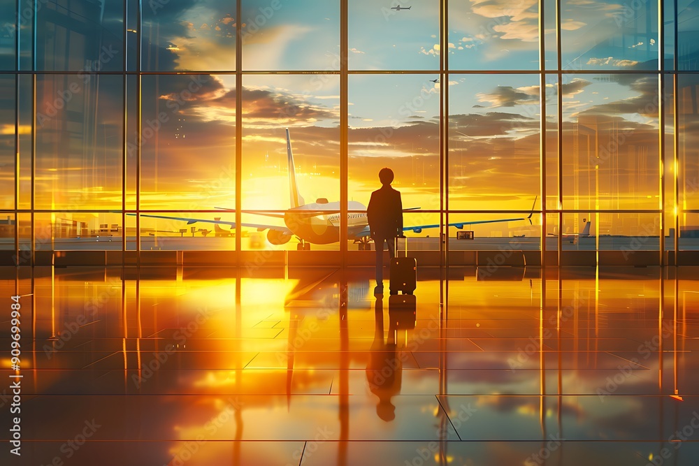 A silhouette of a traveler, possibly male, gazes out at the sunset over the runway with a suitcase in hand, capturing the essence of wanderlust and anticipation. A silhouette of a traveler, possibly male, gazes out at the sunset over the runway with a suitcase in hand, capturing the essence of wanderlust and anticipation.
