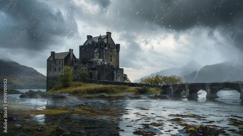 Rain clouds gather over a historic castle, their presence adding a dramatic and mysterious atmosphere. Rain clouds gather over a historic castle, their presence adding a dramatic and mysterious atmosphere.