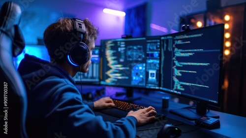 A young programmer immersed in coding, wearing headphones, surrounded by multiple screens displaying colorful lines of code and digital graphics, all in a dimly lit room