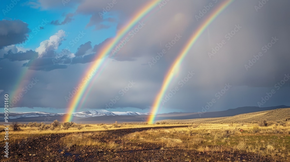Rainbows arching across the sky after spring showers, a colorful promise of hope and brighter days ahead. Rainbows arching across the sky after spring showers, a colorful promise of hope and brighter days ahead.