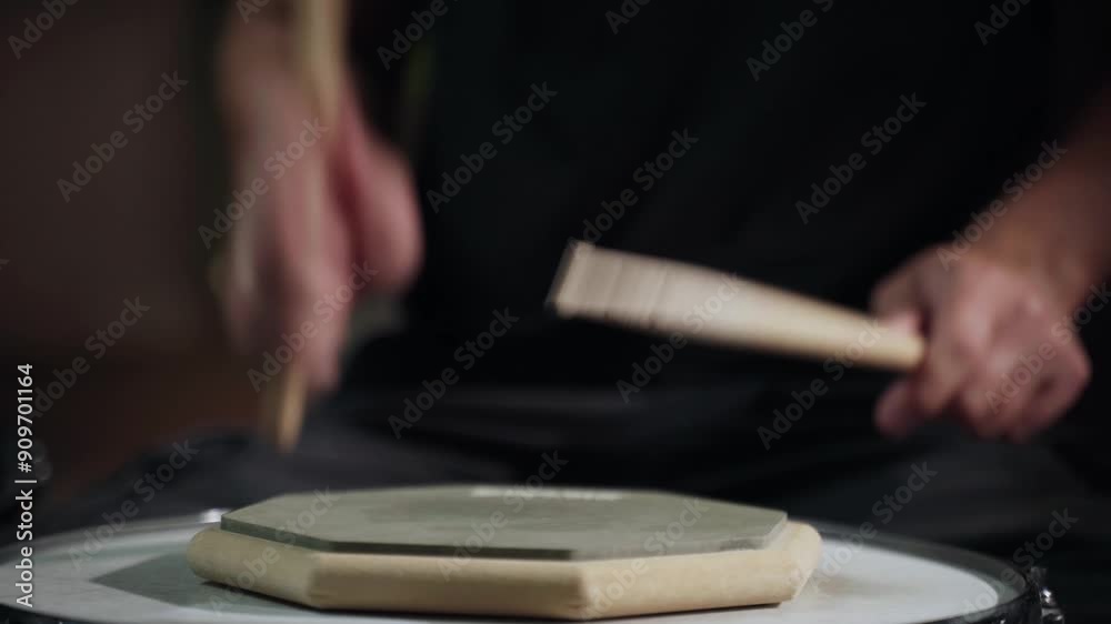 A person is practicing using drumsticks on a training pad. They are using a single drumstick and hitting the pad with a firm grip A person is practicing using drumsticks on a training pad. They are using a single drumstick and hitting the pad with a firm grip