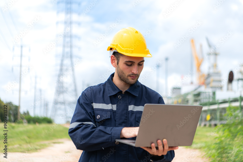 Petroleum engineer is on a mission to inspect oil distillation at a huge oil refinery Petroleum engineer is on a mission to inspect oil distillation at a huge oil refinery
