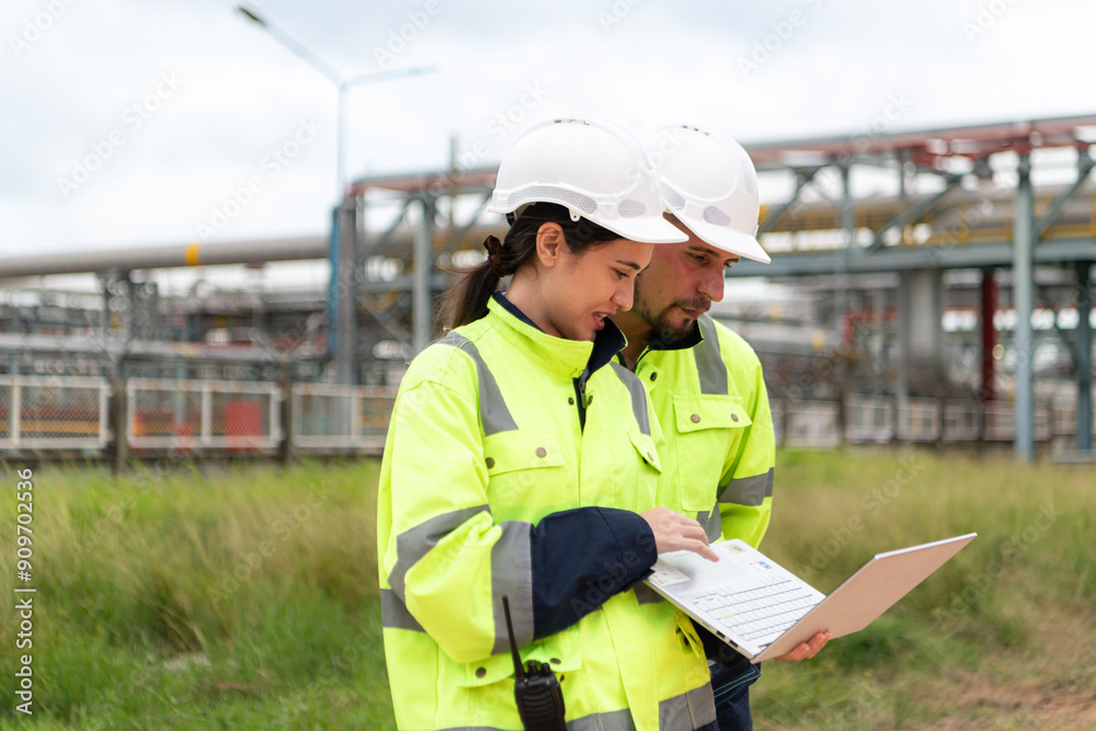 Both of Petroleum engineer is on a mission to inspect oil distillation at a huge oil refinery Both of Petroleum engineer is on a mission to inspect oil distillation at a huge oil refinery