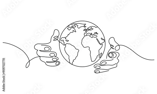 Earth Care Hands in one continuous line drawing. One line poster. Outline hands with planet Earth. Element for interior design and presentations. Vector illustration.