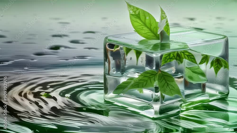 Square ice block encasing a green leaf with crystal-clear clarity