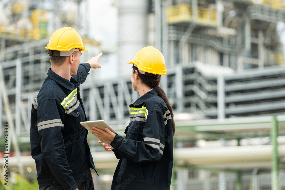 Both of Petroleum engineer is on a mission to inspect oil distillation at a huge oil refinery Both of Petroleum engineer is on a mission to inspect oil distillation at a huge oil refinery