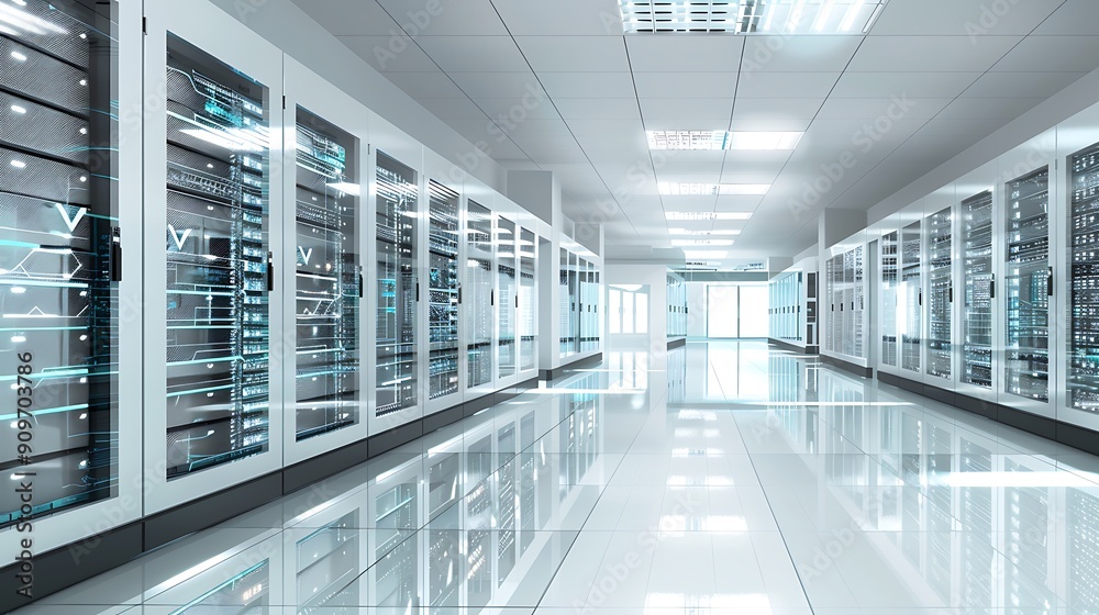 A sleek, modern data center featuring rows of servers with illuminated panels, reflecting a high-tech atmosphere of innovation and efficiency. A sleek, modern data center featuring rows of servers with illuminated panels, reflecting a high-tech atmosphere of innovation and efficiency.