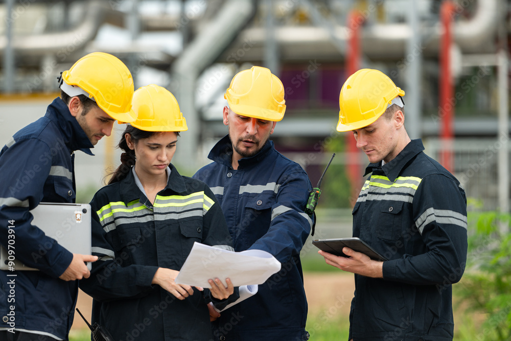 Group of Petroleum engineer is on a mission to inspect oil distillation at a huge oil refinery Group of Petroleum engineer is on a mission to inspect oil distillation at a huge oil refinery