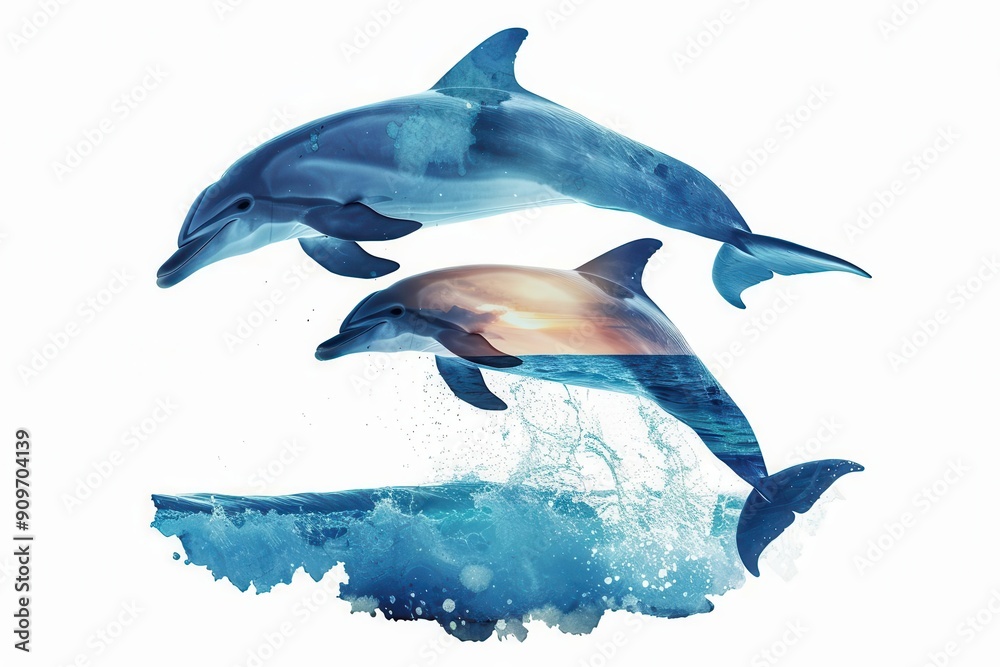 Fototapeta premium Two playful dolphins leaping from the water with a sunset backdrop.