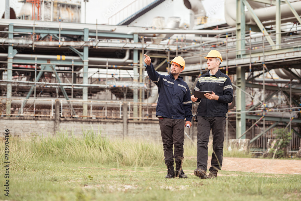 Both of Petroleum engineer is on a mission to inspect oil distillation at a huge oil refinery Both of Petroleum engineer is on a mission to inspect oil distillation at a huge oil refinery