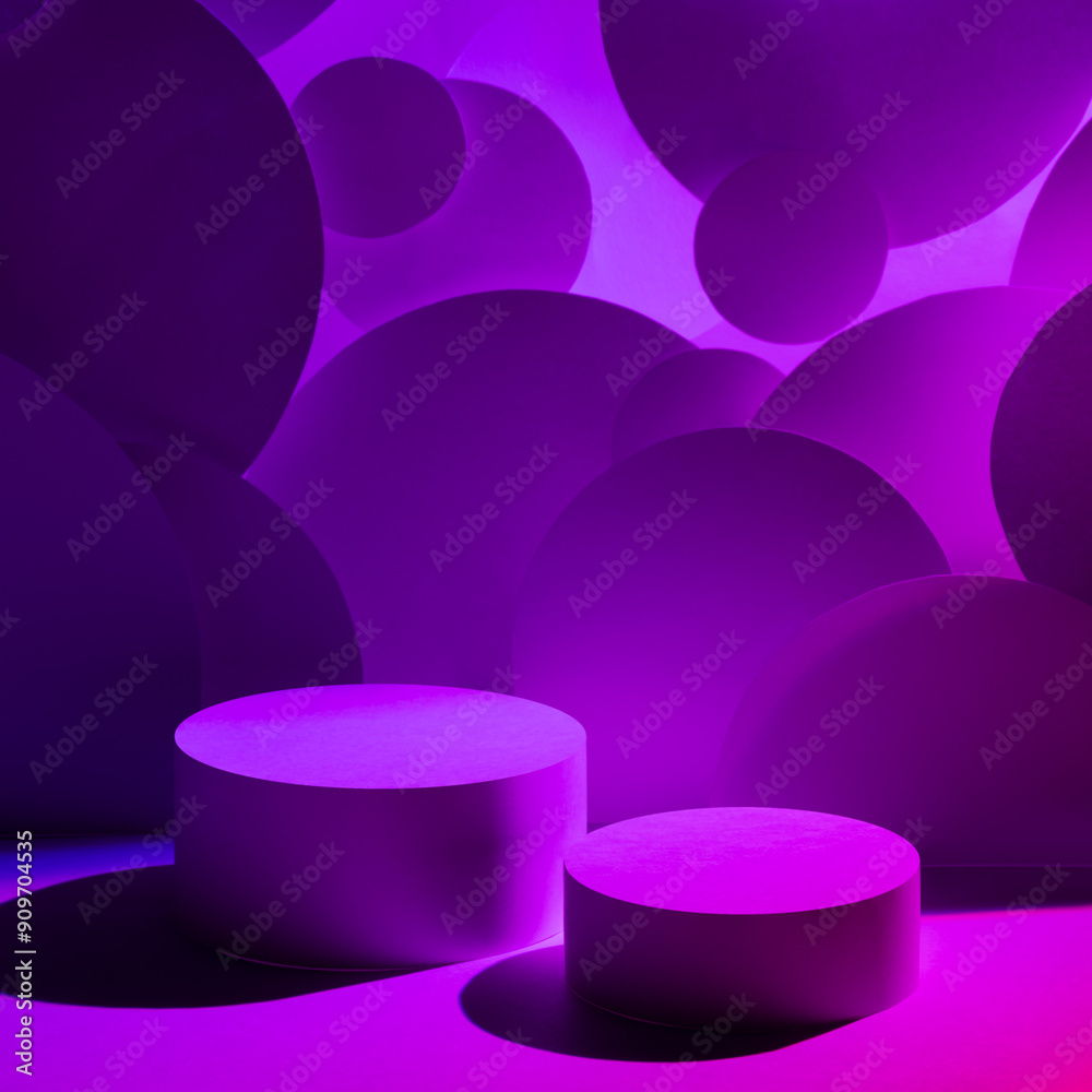 Abstract scene for presentation cosmetic products mockup - two round cylinder podiums in gradient purple violet glowing light, circles, geometric. Template for showing in neon black friday style. Abstract scene for presentation cosmetic products mockup - two round cylinder podiums in gradient purple violet glowing light, circles, geometric. Template for showing in neon black friday style.