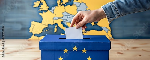 A hand placing a ballot in a blue voting box adorned with stars, symbolizing European elections, with a map of Europe in the background. photo