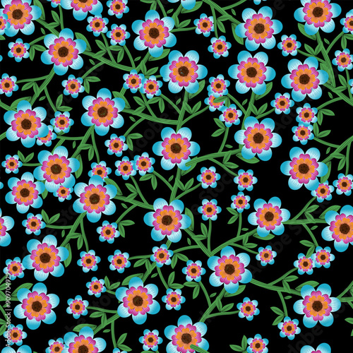 This is a repeating design pattern that is allover. The pattern is a motif bail of gradient flowers