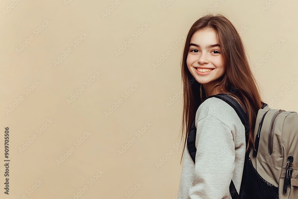 Smiling Schoolgirl with Backpack Against Solid Background Smiling Schoolgirl with Backpack Against Solid Background