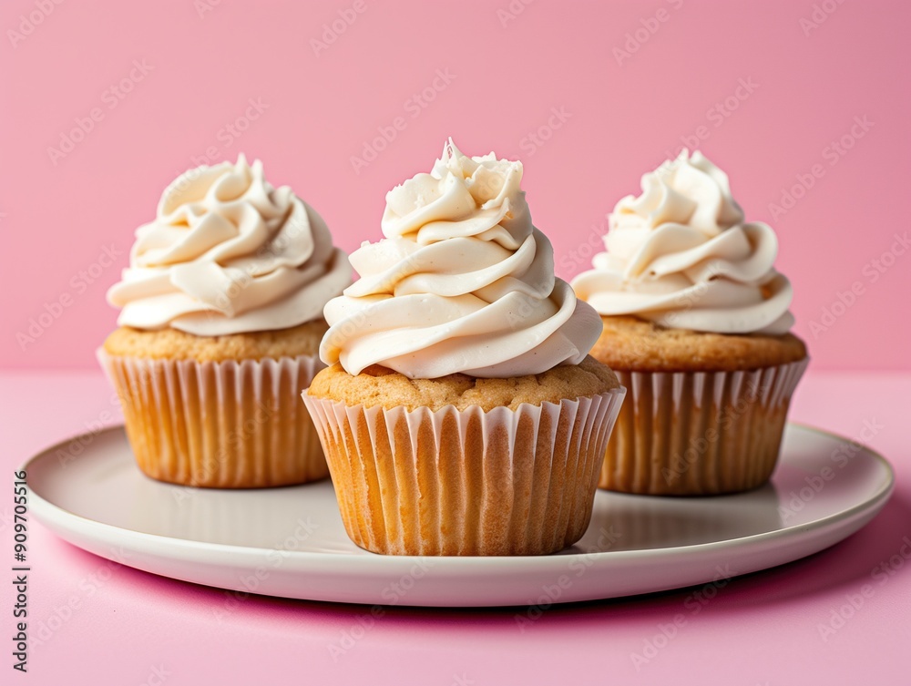 Cupcakes decorated with cream cheese frosting on a white tray on a pink background. Close up. Cupcakes decorated with cream cheese frosting on a white tray on a pink background. Close up.