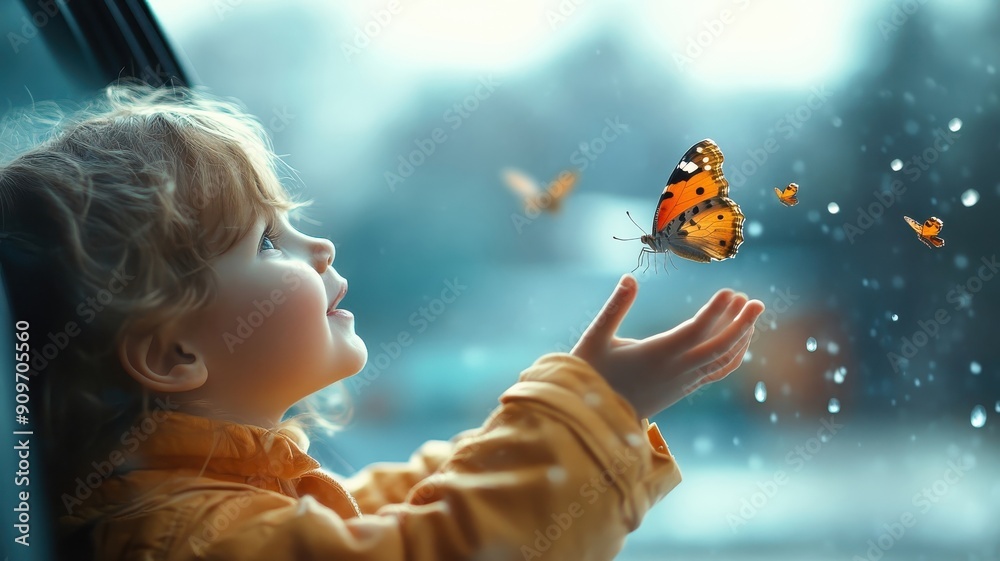 Photorealistic image of a curious child reaching for a butterfly. Photorealistic image of a curious child reaching for a butterfly.