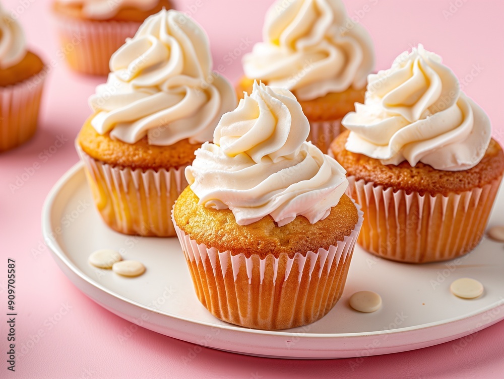 Cupcakes decorated with cream cheese frosting on a white tray on a pink background. Close up. Cupcakes decorated with cream cheese frosting on a white tray on a pink background. Close up.