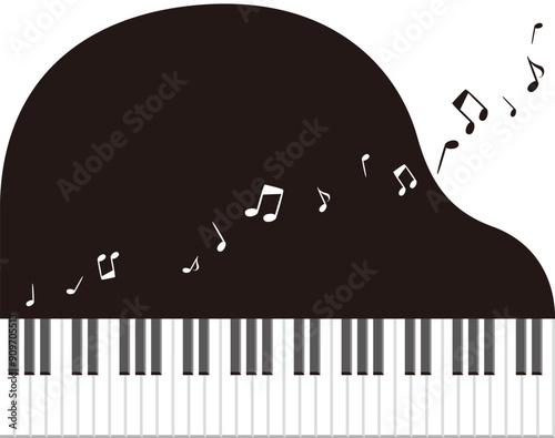 音符の流れる上から見たシンプルなピアノの鍵盤のベクターイラスト