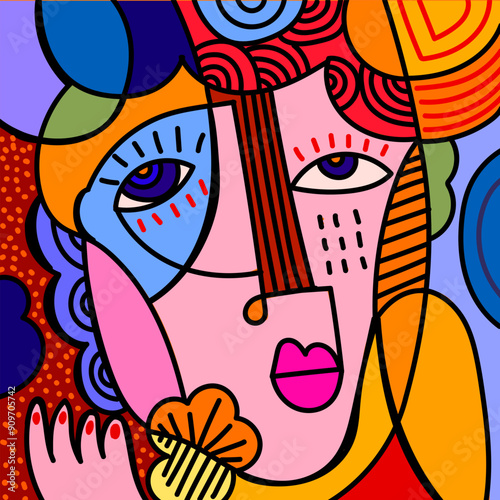 Group of abstract face portrait geometric, doodle, line art hand drawn vector illustration wall art. Aesthetic design poster, cover, wall decoration, cards and background.