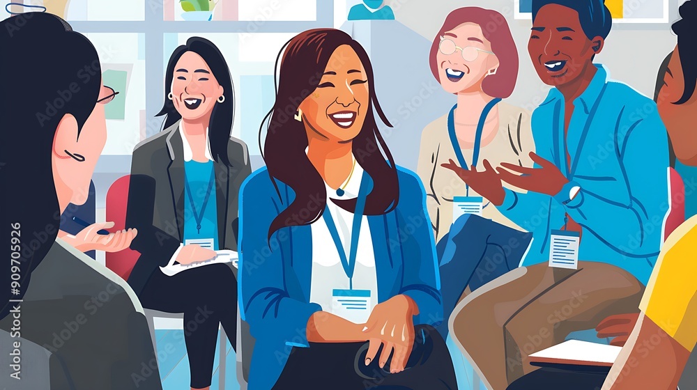 A diverse group of adults engage in a lighthearted discussion during a workshop, showcasing joy and camaraderie. A diverse group of adults engage in a lighthearted discussion during a workshop, showcasing joy and camaraderie.