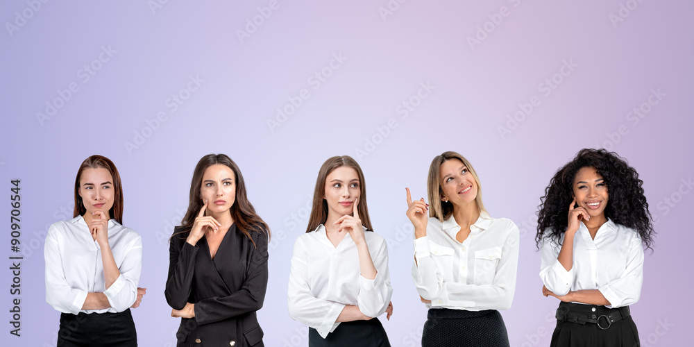 Group of women thinking and smiling on light purple background. Group of women thinking and smiling on light purple background.