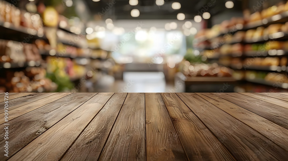 wood table top with supermarket blurred Empty background wood table top with supermarket blurred Empty background