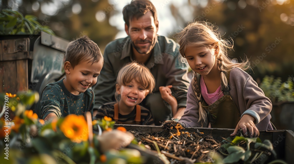 Family recycling and composting at home. Family recycling and composting at home.