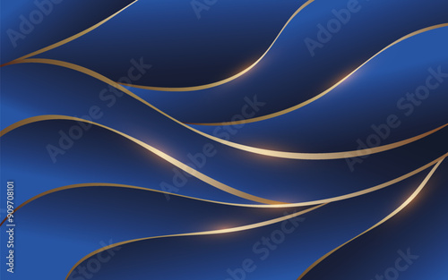 Luxury blue and gold abstract background. Design with elegant wavy lines and glitter effect