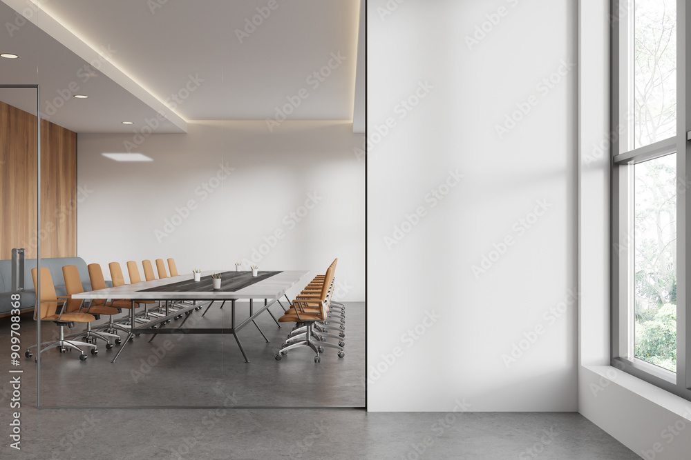 Fotografie Meeting room interior with long table and sofa, panoramic window