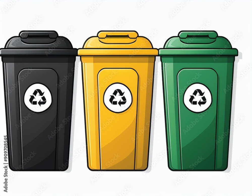 Collection of three recycling bins in different colors (black, green and yellow) Collection of three recycling bins in different colors (black, green and yellow)