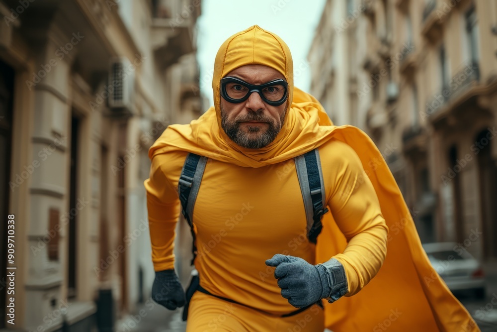 Dynamic Superhero Running in City Dynamic Superhero Running in City