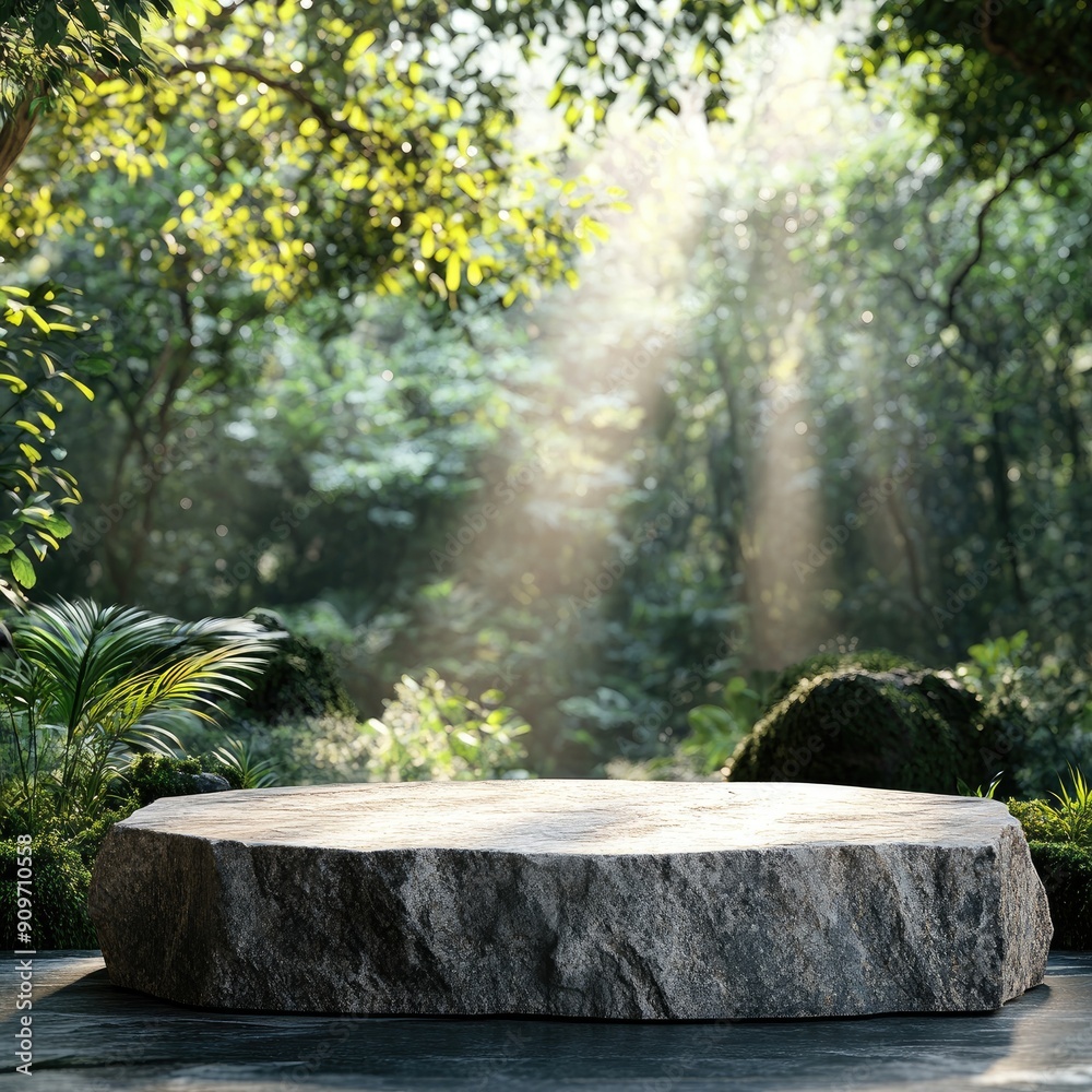 A natural stone podium with a rough, earthy texture, placed in an outdoor setting. The background features a blurred, lush green forest, with sunlight filtering through the leaves. The natural light A natural stone podium with a rough, earthy texture, placed in an outdoor setting. The background features a blurred, lush green forest, with sunlight filtering through the leaves. The natural light