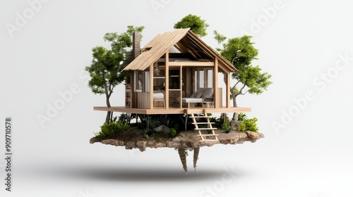 Floating wooden cabin surrounded by trees, isolated on a white background. Ideal for architectural and fantasy concepts.