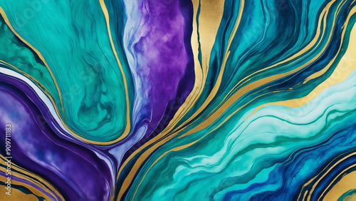 Watercolor abstract background drawn by brush. Green, blue, purple, Golden shiny veins and Liquid marble texture Background, Fluid Watercolor Background