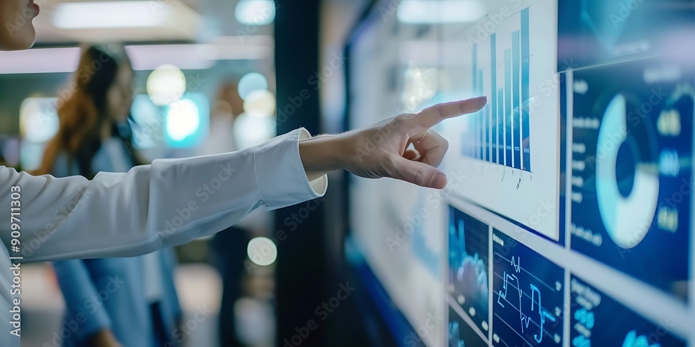 Φωτογραφία close up of a hand pushing a button, A business professional pointing to a mockup of a financial report on a screen during a meeting, with colleagues blurred in the background