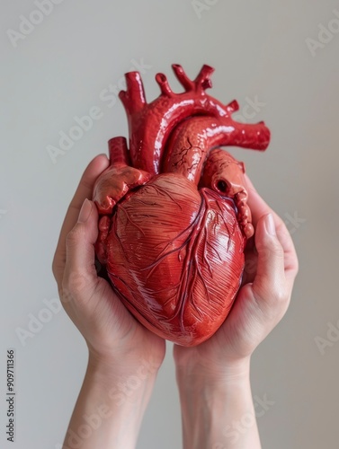 two hands holding a gloving real heart, cardiology and healthcare concept with generative ai