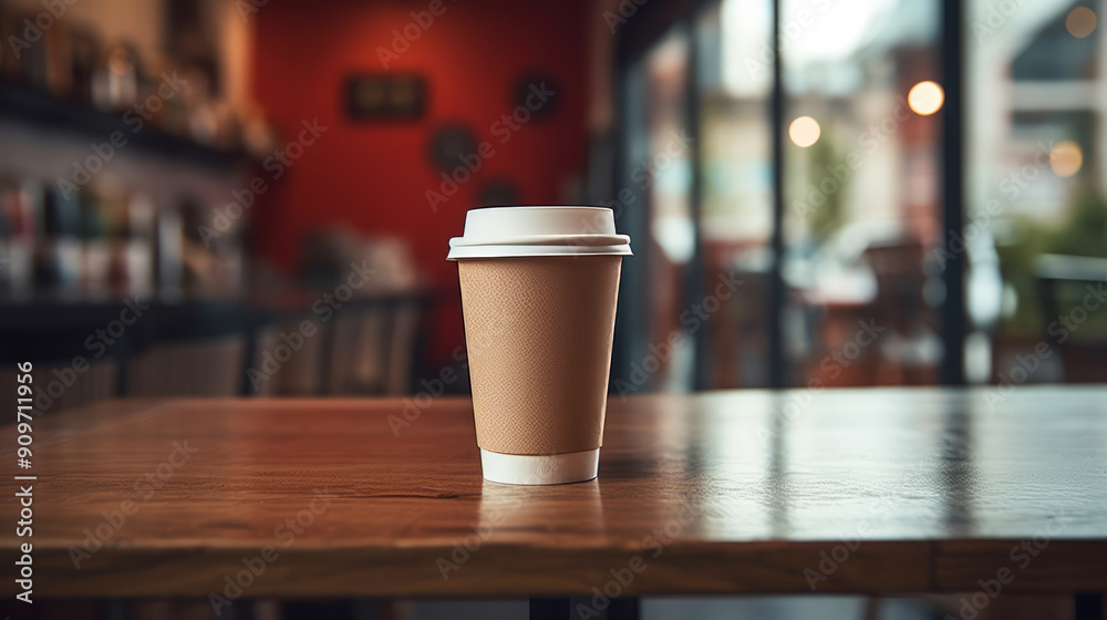 Paper cup of coffee on a wooden table in a coffee shop. Space for text and design. Paper cup of coffee on a wooden table in a coffee shop. Space for text and design.