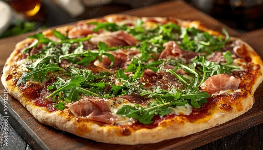Close-up of a Pizza with Prosciutto, Arugula, and Mozzarella Cheese Close-up of a Pizza with Prosciutto, Arugula, and Mozzarella Cheese
