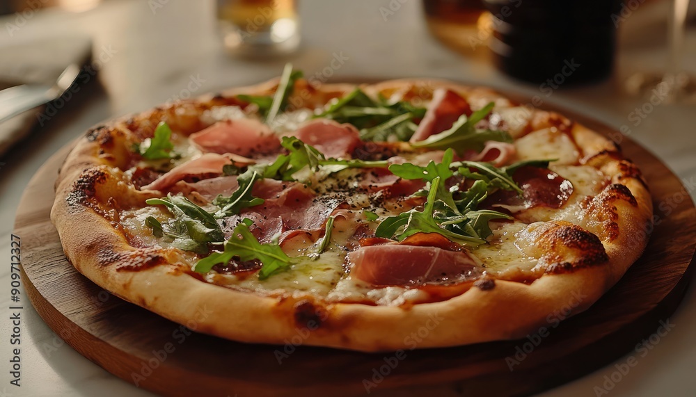 Close-up of Pizza with Prosciutto and Arugula on Wooden Board Close-up of Pizza with Prosciutto and Arugula on Wooden Board