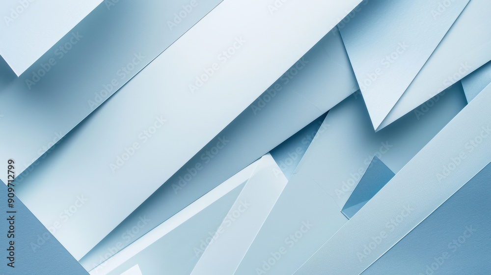 Fototapeta premium Flat paper cut overlapping angular geometric shapes with soft shadows in soft shades of light blue.