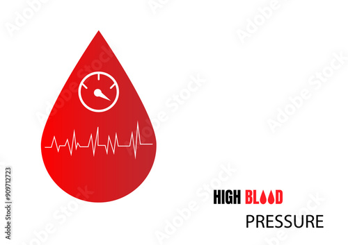 National high blood pressure concept. Red drop blood with high scale measure isolated on white background. For banners, card, and posters with text inscriptions.