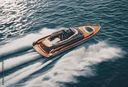 Speed sea above view boat Wealth Speedboat Yacht From Water Aerial Luxury Rich People Travel Motor Trail Fun Journey Fast Private Wave Drive Bird Summer Blue Deck Ocean Expe photo