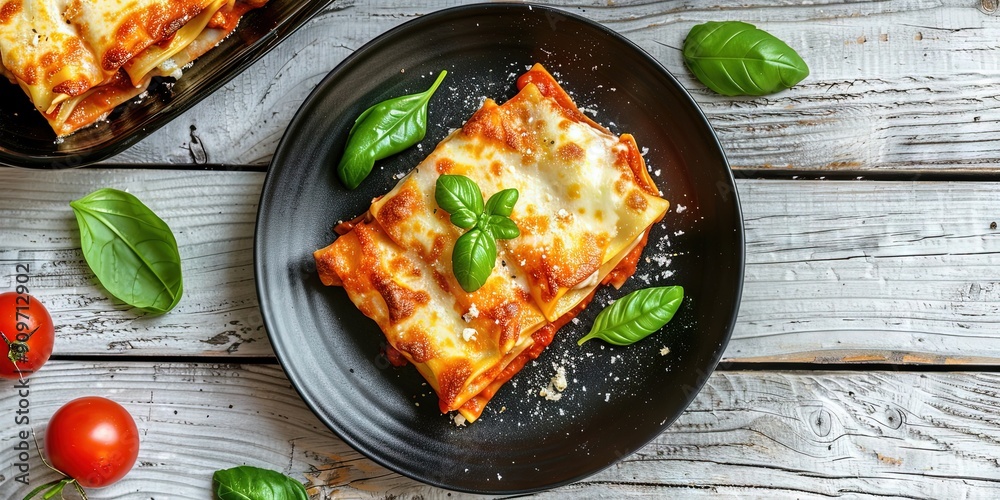 Meat cannelloni sauce bechamel on black plate on white wooden table. Meat cannelloni sauce bechamel on black plate on white wooden table.