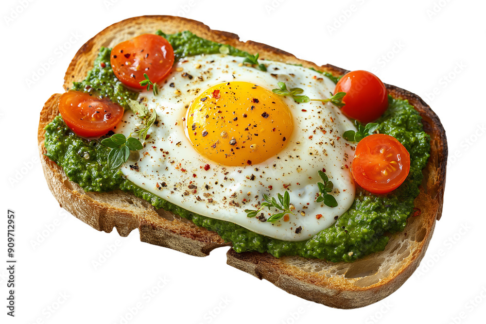 Healthy breakfast recipe Eggs on toast bread with pesto souse and cherry tomatoes isolated on white background Healthy breakfast recipe Eggs on toast bread with pesto souse and cherry tomatoes isolated on white background