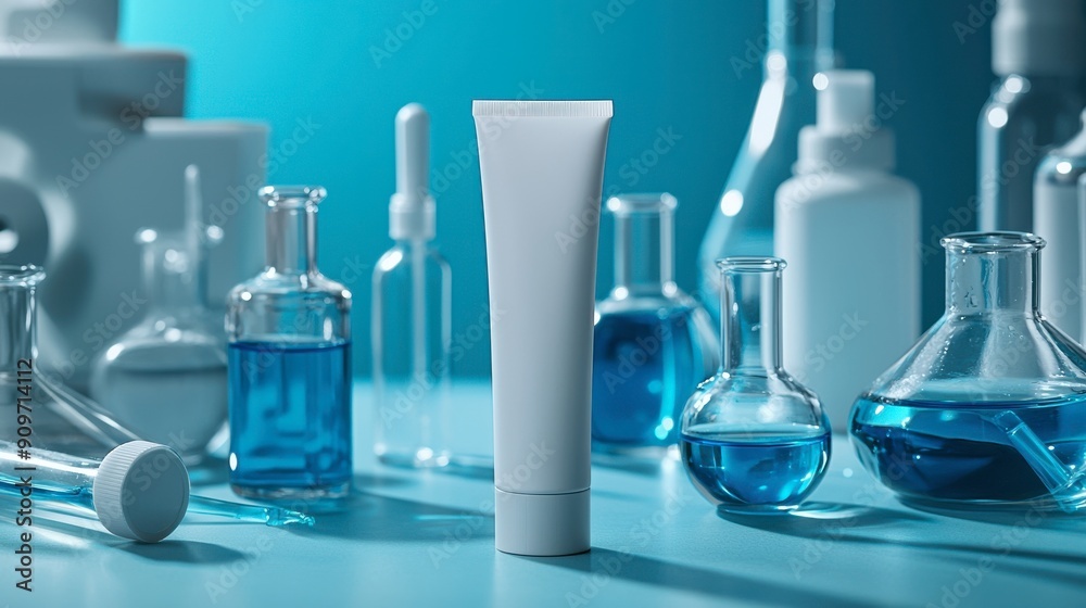 A white tube of toothpaste sits on a table next to a variety of glass bottles and beakers. Concept of scientific experimentation and discovery, with the tubes A white tube of toothpaste sits on a table next to a variety of glass bottles and beakers. Concept of scientific experimentation and discovery, with the tubes