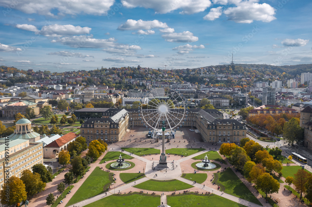 Summer aerial skyline cityscape of Stuttgart Mitte, Baden-württemberg, Germany. Ferris wheel and Jubiläumssäule at Schlossplatz in front of Neues schloss